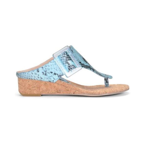 Donald J Pliner Oltina Buckled Wedge Thong Sandals Snake Print Blue Womens 6.5M - Picture 1 of 7